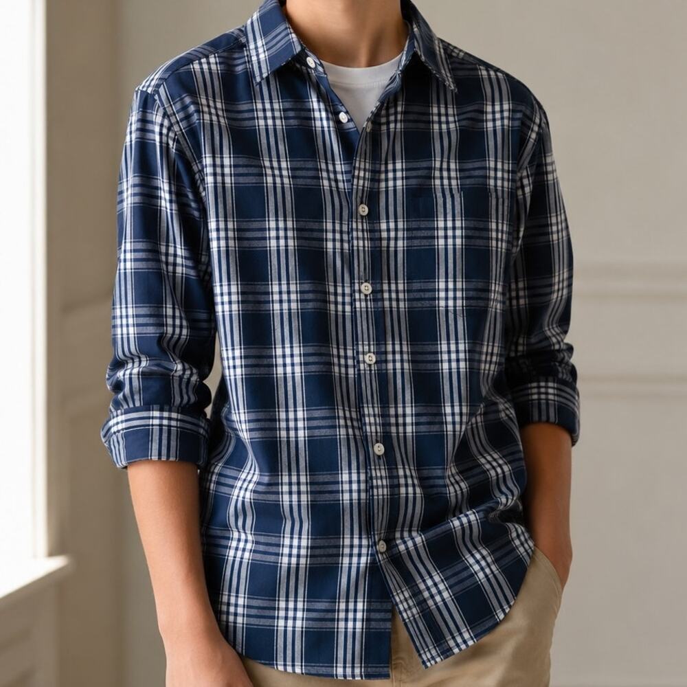 Beverly Hills Polo Club Boys Plaid Button Down Shirt Blue White Size 14-16